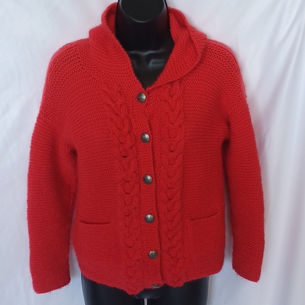 Vintage handmade hand-knit red cable knit button front cardigan sweater w/ hood